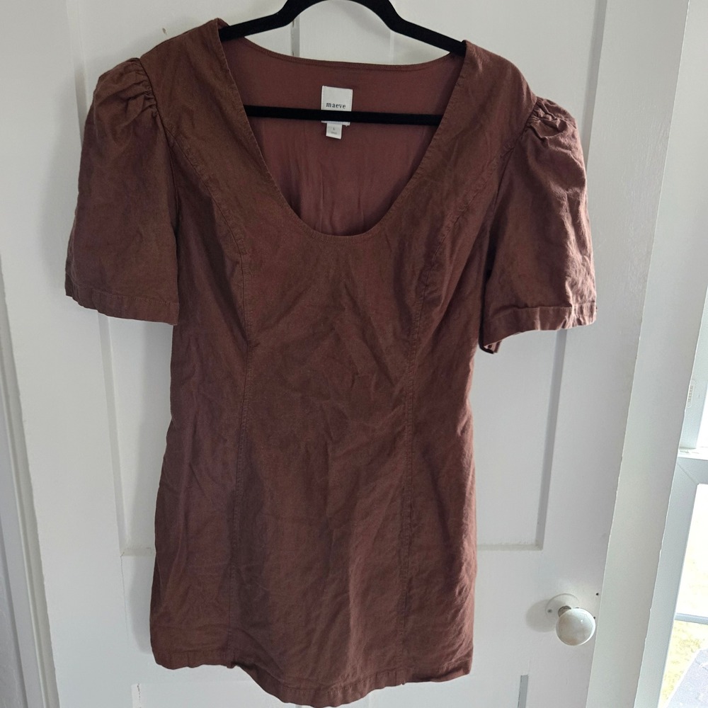 Maeve Anthropologie Brown‎ Linen Puff Sleeve Cutout Back Mini Dress, Size Large - Picture 5 of 14